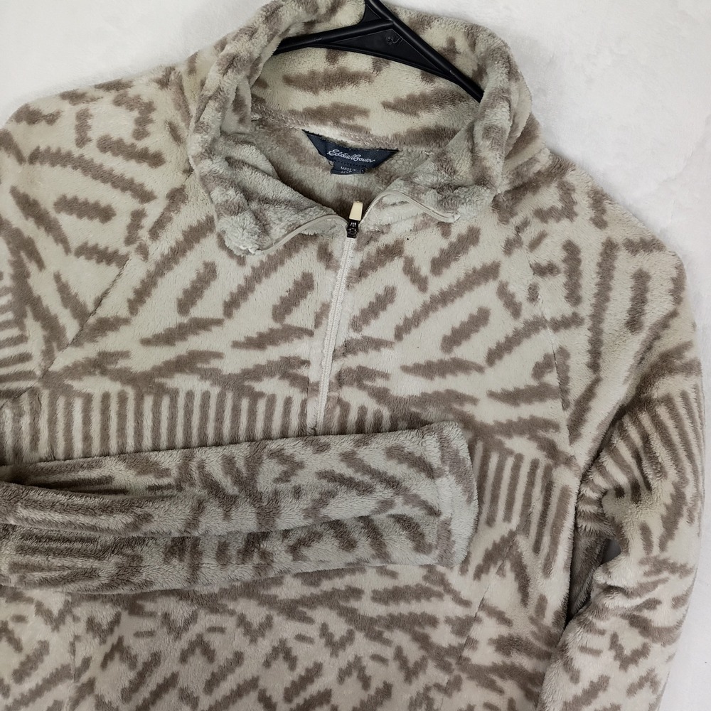 Eddie Bauer Womens Quarter Zip Fleece Pullover Taupe‎ Geometric Plush Small